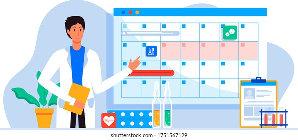 Make an appointment with an online doctor. On the calendar selects date. calendar. work schedule, make an appointment online. Vector illustration for banner, landing page, app. Tele medicine