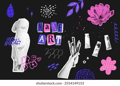 Make art collage vision board, hand holding brushes, oil paint tubes, elegant statue halftone figure. Hand drawn doodles and cutouts on black background.