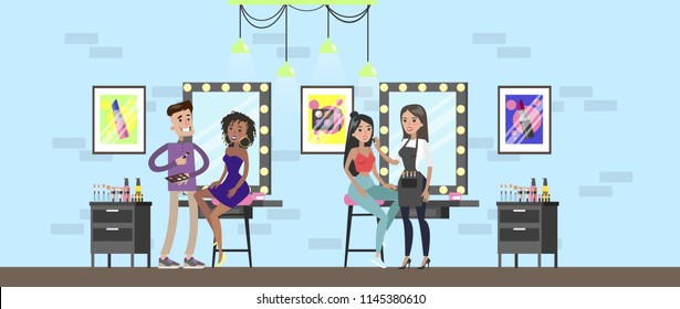 Make up artist applying cosmetics on model face using brushes. Beauty salon interior. Beauty procedures. Vector flat illustration