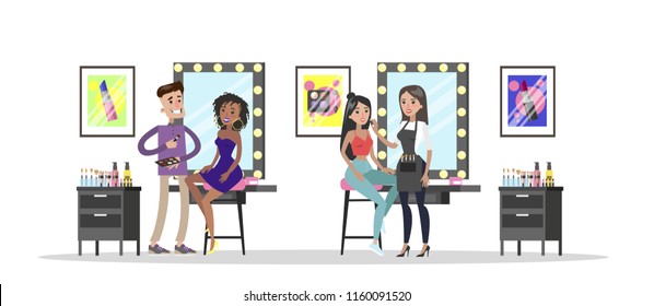 Make up artist applying cosmetics on model face using brushes. Beauty salon interior. Beauty procedures. Vector flat illustration