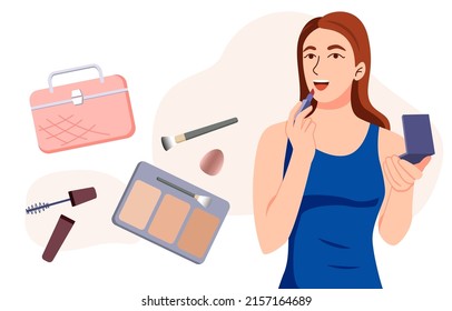 Make up artist applying, professional make up of beautiful young woman, Girl holding brush and powder. Vector flat cartoon illustration.