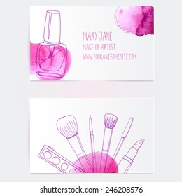 Make up artist business card template. Vector layout with hand drawn illustrations of nail polish tube, makeup brush, eyeliner, lipstick and palette with pink paint swatches.