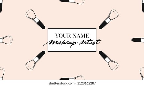 Make up artist business card. Vector template with with makeup brushes seamless pattern design make-up on beige background. Beauty makeup concept. Makeup artist design for web or card.