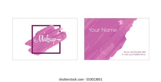 Make up artist business card. Vector template with pink lipstick strokes.