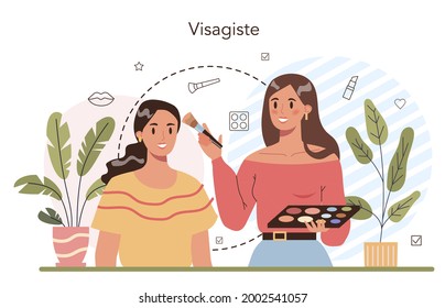 Make up artist concept. Professional artist doing a beauty procedure, applying cosmetics on the face. Visagiste doing makeup to a model using a brush. Flat vector illustration