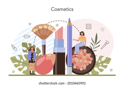 Make up artist concept. Professional artist doing a beauty procedure, applying cosmetics on the face. Visagiste doing makeup to a model using a brush. Flat vector illustration