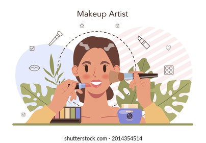 Make up artist concept. Professional artist doing a beauty procedure, applying cosmetics on the face. Visagiste doing makeup to a model using a brush. Flat vector illustration