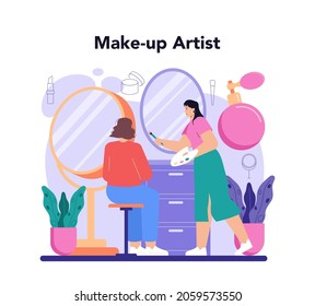 Make up artist concept. Professional artist doing a beauty procedure, applying cosmetics on the face. Visagiste doing makeup to a model using a brush. Flat vector illustration