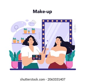 El concepto de artista. Artista profesional haciendo un procedimiento de belleza, aplicando cosméticos en la cara. Visagiste maquillando un modelo usando un pincel. Ilustración vectorial plana