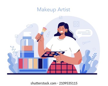 Make up artist concept. Professional artist doing a beauty procedure, applying cosmetics on the face. Visagiste doing makeup to a model using a brush. Flat vector illustration