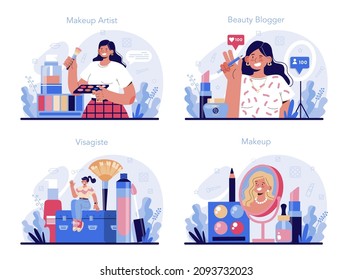 Make up artist concept set. Professional artist doing a beauty procedure, applying cosmetics on the face. Visagiste doing makeup to a model using a brush. Flat vector illustration