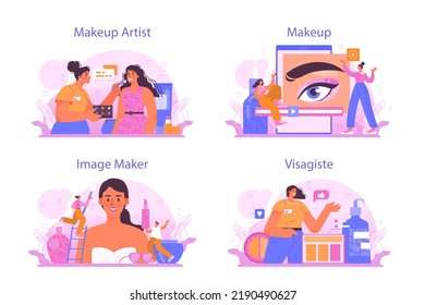 Make up artist concept set. Professional artist doing a beauty procedure, applying cosmetics on the face. Visagiste doing makeup to a model using a brush. Flat vector illustration