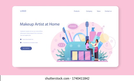 Diseñar el concepto de artista banner web o página de inicio. Mujer haciendo un procedimiento de belleza, aplicando cosméticos en la cara. Visagiste maquillando un modelo usando un pincel. Ilustración vectorial aislada