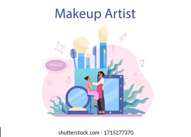 Make up artist concept. Woman doing a beauty procedure, applying cosmetics on the face. Visagiste doing makeup to a model using a brush. Isolated vector illustration in cartoon style