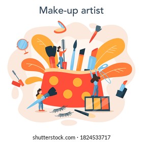 Make up artist concept. Woman doing a beauty procedure, applying cosmetics on the face. Visagiste doing makeup to a model using a brush. Isolated vector illustration in cartoon style