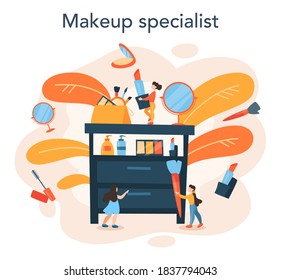 Make up artist concept. Woman doing a beauty procedure, applying cosmetics on the face. Visagiste doing makeup to a model using a brush. Isolated vector illustration in cartoon style