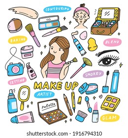 Make Up Artist Equipments in doodle style vector element
