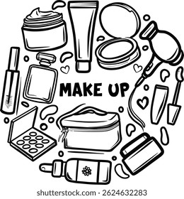 Make Up Artist Equipments in doodle style, Hand drawn premium doodles of cosmetic tools, Doodle beauty make up collection Set of hand drawn cosmetics elements