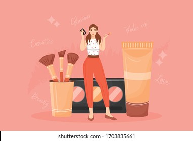 Make up artist flat concept vector illustration. Woman with eyeshadow palette and brushes 2D cartoon character for web design. Makeup tutorial, cosmetics products store creative idea