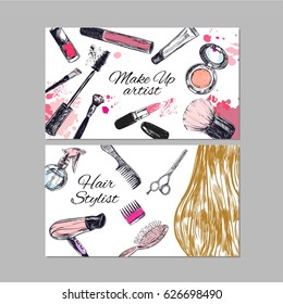 Make up artist and Hair stylist business cards. Beauty and fashion, Vector hand drawn template 