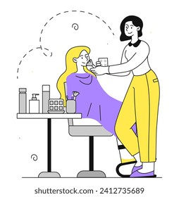 Make up artist linear. Woman with client. Beauty procedures and face lifting. Young girl apply cosmetics mask. Aesthetics and elegance. Doodle flat vector illustration isolated on white background