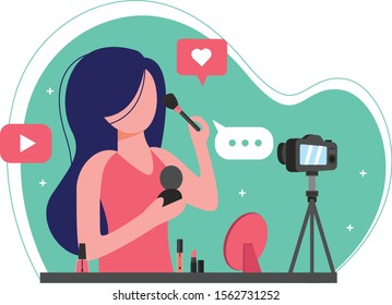 Make up artist making video tutorials  for fans with a digital camera illustration