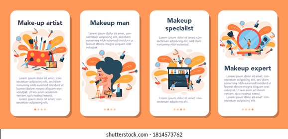 Make up artist mobile application banner set. Woman doing a beauty procedure, applying cosmetics on the face. Visagiste doing makeup to a model using a brush. Isolated vector illustration