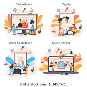 Make up artist online service or platform set. Woman doing a beauty procedure, applying cosmetics on the face. Online consultation, forum, tutorial, training. Isolated vector illustration
