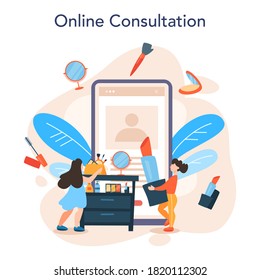 Make up artist online service or platform. Woman doing a beauty procedure, applying cosmetics on the face. Online consultation. Isolated vector illustration