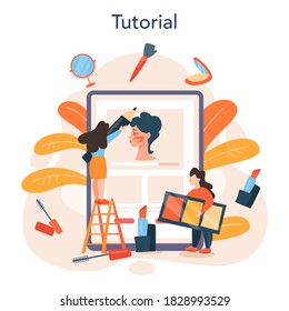 Erstellen Sie den Online-Service oder die Plattform für Künstler. Frauen, die eine Schönheitsoperation durchführen, Kosmetika auf das Gesicht auftragen. Online-Tutorial. Einzelne Vektorgrafik