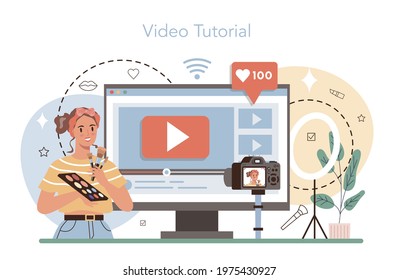 Make up artist online service or platform. Professional artist doing a beauty procedure, applying cosmetics on the face. Video tutorial. Flat vector illustration