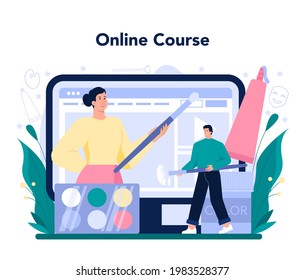 Make up artist online service or platform. Professional artist doing a beauty procedure, applying cosmetics on the face. Online course. Flat vector illustration