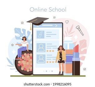 Crear un servicio o plataforma online de artistas. Visagiste haciendo un procedimiento de belleza, aplicando cosméticos en la cara. Escuela en línea. Ilustración vectorial plana