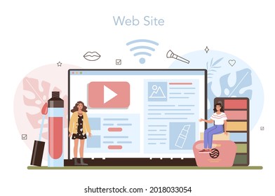 Make up artist online service or platform. Visagiste doing a beauty procedure, applying cosmetics on the face. Website. Flat vector illustration