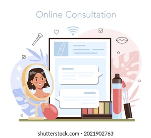 Erstellen Sie den Online-Service oder die Plattform für Künstler. Visagiste macht ein Beauty-Verfahren, die Kosmetik auf das Gesicht. Online-Konsultation. Flache Vektorgrafik