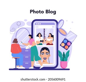 Make up artist online service or platform. Professional artist doing a beauty procedure, applying cosmetics on the face. Photo blog. Flat vector illustration