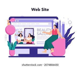 Make up artist online service or platform. Professional artist doing a beauty procedure, applying cosmetics on the face. Website. Flat vector illustration