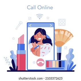 Make up artist online service or platform. Professional artist doing a beauty procedure, applying cosmetics on the face. Online call. Flat vector illustration