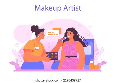 Make up artist. Professional artist doing a beauty procedure, applying cosmetics on the face. Visagiste doing makeup to a model using a brush. Flat vector illustration