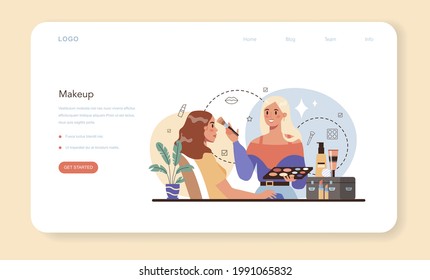 Make up artist web banner or landing page. Professional artist doing a beauty procedure, applying cosmetics on the face. Visagiste doing makeup to a model using a brush. Flat vector illustration