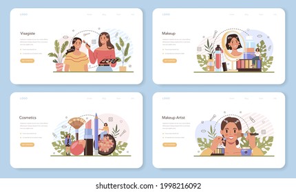 Make up artist web banner or landing page set. Professional artist doing a beauty procedure, applying cosmetics on the face. Visagiste doing makeup to a model using a brush. Flat vector illustration