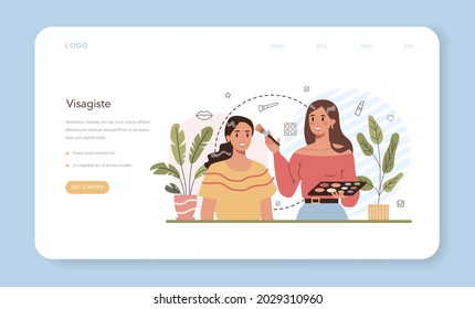 Make up artist web banner or landing page. Professional artist doing a beauty procedure, applying cosmetics on the face. Visagiste doing makeup to a model using a brush. Flat vector illustration