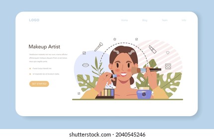 Make up artist web banner or landing page. Professional artist doing a beauty procedure, applying cosmetics on the face. Visagiste doing makeup to a model using a brush. Flat vector illustration