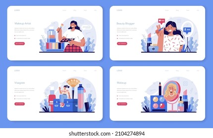 Make up artist web banner or landing page set. Professional artist doing a beauty procedure, applying cosmetics on the face. Visagiste doing makeup to a model using a brush. Flat vector illustration