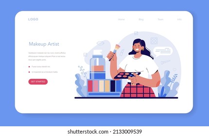 Make up artist web banner or landing page. Professional artist doing a beauty procedure, applying cosmetics on the face. Visagiste doing makeup to a model using a brush. Flat vector illustration
