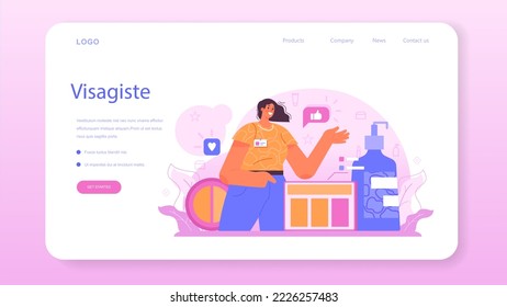 Make up artist web banner or landing page. Professional artist doing a beauty procedure, applying cosmetics on the face. Visagiste doing makeup to a model using a brush. Flat vector illustration