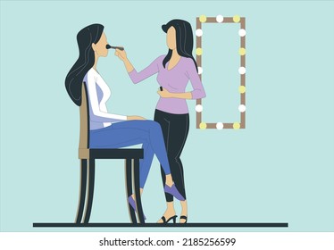 Make up artist work in her beauty visage studio salon. Woman applying by professional make up master. Beauty club concept. vector illustration