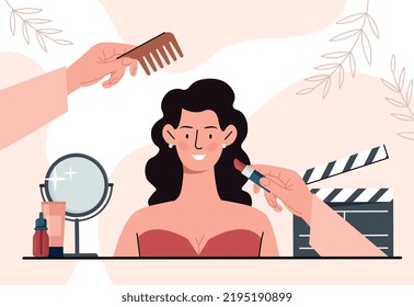 Artista de maquillaje. Joven preparada para el rodaje, actriz creada para película o serie. Asistentes en la aplicación de cosméticos a la cara de los personajes. Dibujo vectorial plano de dibujos animados