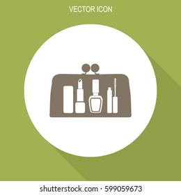 Make up bag with cosmetics vector icon. Ladies handbag sign.