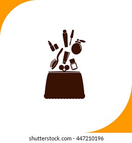 Make up bag with falling cosmetics sign. Brown icon on white background